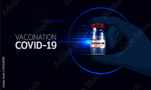 Covid-19 corona virus vaccination with vaccine bottle and syringe injection tool, Coronavirus vaccine banner background, Vector illustration