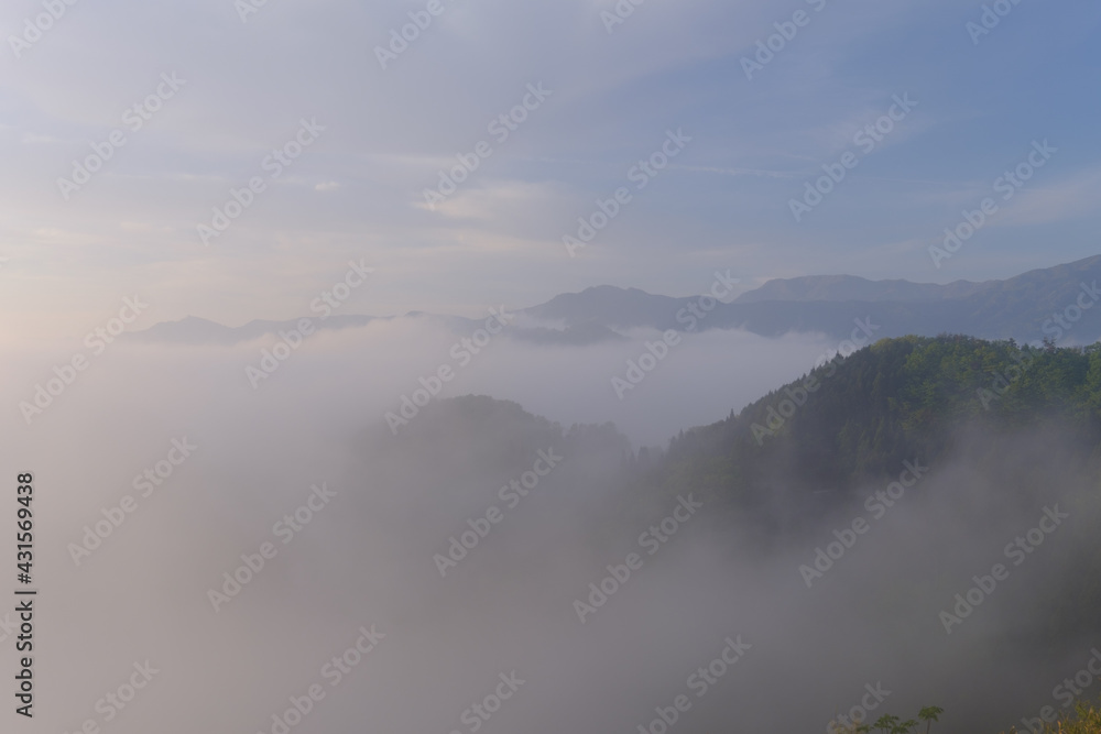 Morning walk on a foggy misty mountain Morning walk on a foggy misty mountain