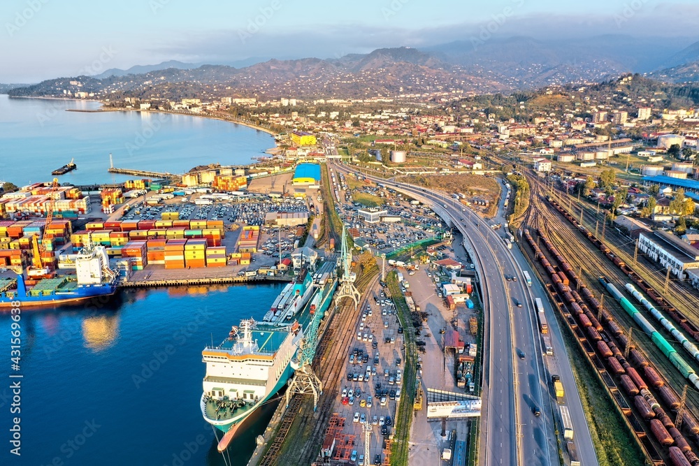 Batumi, Georgia - May 1, 2021: Aerial view of the seaport