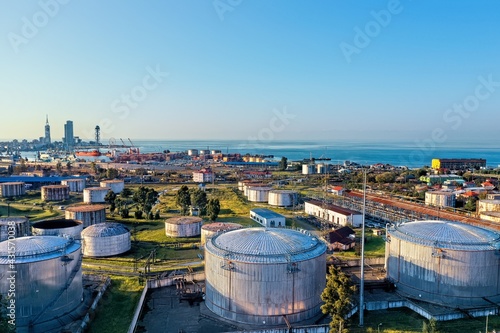 Batumi, Georgia - May 1, 2021: Aerial view of oil storage tanks