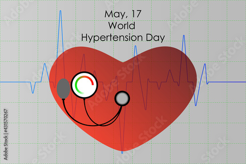 Blood pressure gauge on a heart shape, with heart beat trace graph. World Hypertension Day concept. Vector illustration.