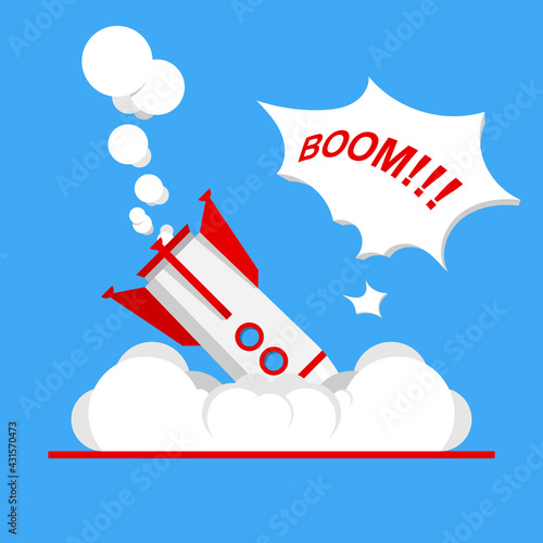 Rocket crashes in flight flat vector illustration. 404 error page not found concept.