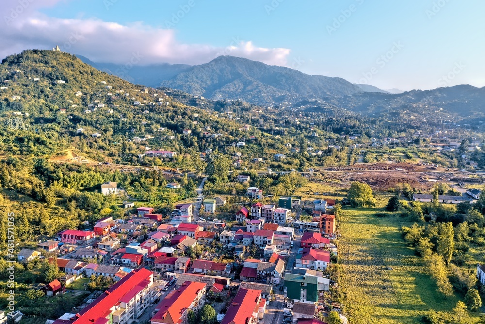village on a mountainside, aerial view