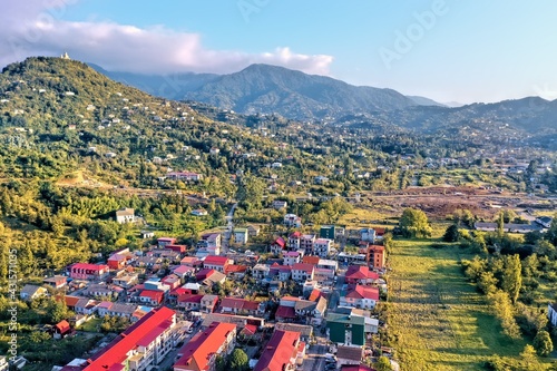 village on a mountainside, aerial view
