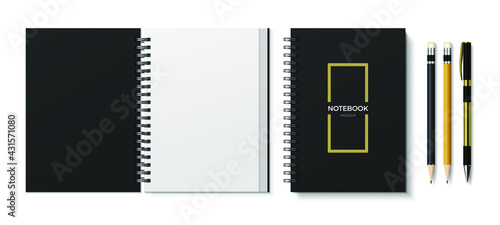 Realistic mockup open and closed notebook pens and pencils. Isolated on white, background. Vector illustration