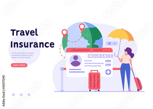 Travel Insurance Vector illustration. People traveling with insurance. Tourist with luggage in airport. Concept of insurance and health protection for travelers, safe vacation and traveling