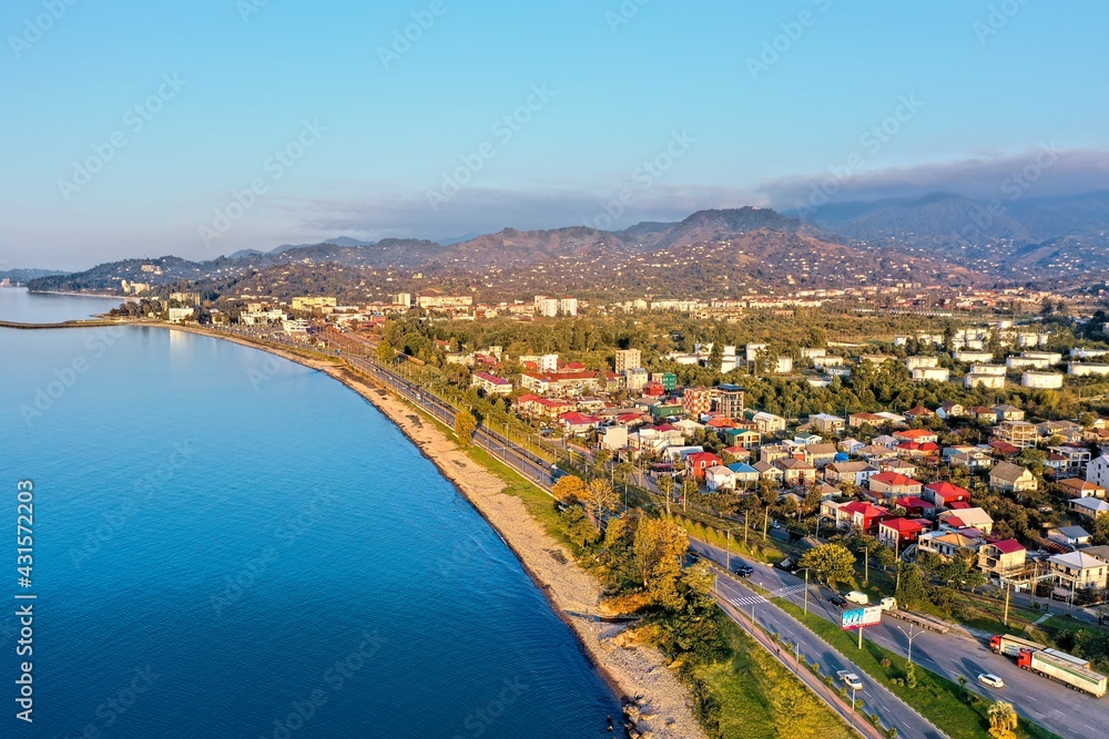 Batumi, Georgia - May 1, 2021: Aerial view of the coastline