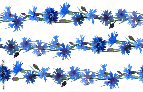 Seamless pattern of blue cornflowers on a white background. Border. Watercolor. Illustration