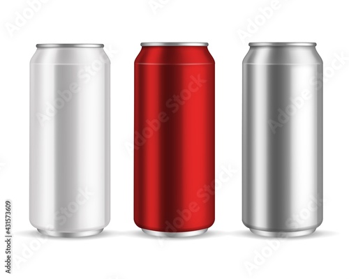 Cans aluminum. Realistic metal blank can beer or soda drinks, beverage lemonade or energy drink, silver white and red empty packaging. Marketing branding vector 3d isolated container mockups