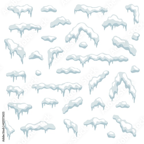 Caps snow. Snowy elements snowdrifts and snowflakes, snowfall and snowballs. Ice cap on roof, frozen white frame, christmas and new year decor. Vector cartoon isolated winter set