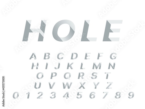 Hole font. 3d deep shadowed typography design, push deepening alphabet shapes, incline diagonally graphics numbers and letters. Cubic straight block modern typeset. Vector isolated set