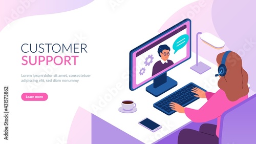 Isometric support service. Remote IT helping, woman with headset in workplace, round the clock web consultant, customers hotline, online communication, call operator landing page vector concept