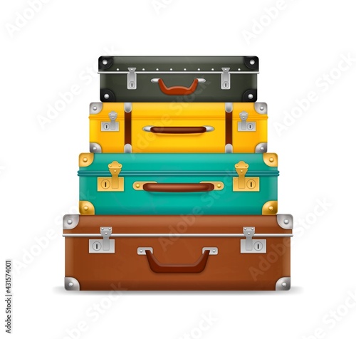 Pile vintage suitcases. Realistic old fashioned colorful briefcases stack, travel bags pyramid, ream luggage with locks and handles. Vacation symbol. Vector isolated on white concept