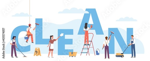 Cleaners group. Professional hygienic servicing, teamwork washing big letters, people use detergent equipment. Men and women janitors, industrial and residential premises vector concept