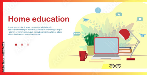A banner with working place, home education concept, work at home concept, flat vector illustration