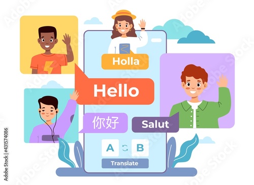 Multi language translator. Smartphone chat app, international multilingual communication, kids avatars and dialogue speech bubble. Online vocabulary and dictionary vector concept