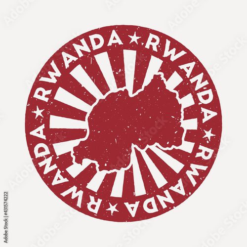 Rwanda stamp. Travel red rubber stamp with the map of the country, vector illustration. Can be used as insignia, logotype, label, sticker, or badge of Rwanda.