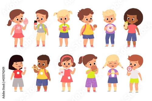 Kids with fast food. Cute children hold burgers, pizza and donuts, harmful snack, diet and nutrition, unhealthy calorie products. Hungry boys and girls standing. Vector cartoon isolated set