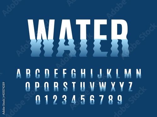 Waves font. Ripple water reflexes english alphabet, wavelike letters and numbers distortion, liquid deformation simple text, lower parts fluctuation typeset. Vector isolated abc set