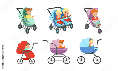 Little Toddlers Sitting in Baby Carriage or Pram Vector Set
