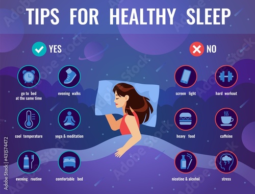 Healthy sleep. Women in bed with tips icons for good sleep, night space dream, causes deprivation, insomnia brochure, comfortable relaxation rules poster. Vector bedtime infographic