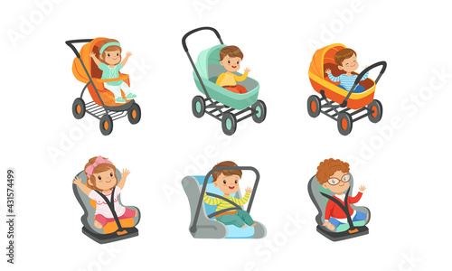 Little Toddlers Sitting in Baby Carriage or Pram Vector Set