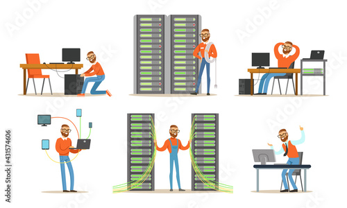 Young Bearded Man Engaged in Repair and Maintenance of Servers and Computers Vector Set