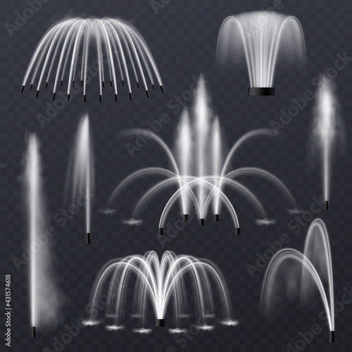 Fountain water. Realistic jets and splashes combination collection, park or garden decorative elements, 3d abstract waterfalls bundles and weaves vector isolated on transparent background set