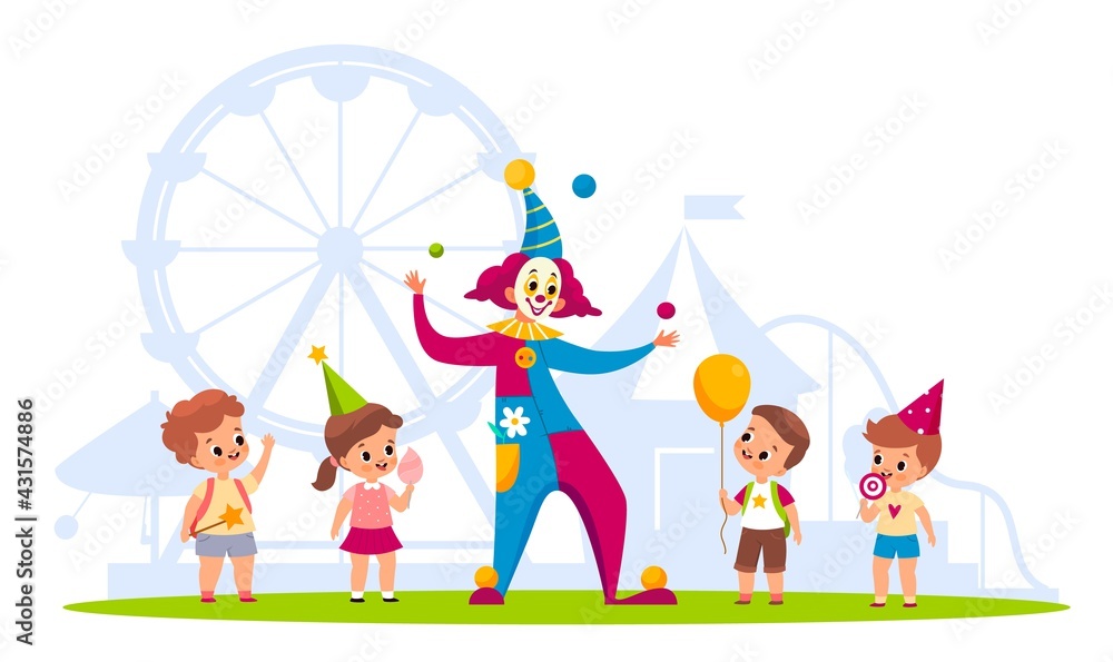 Obraz premium Clown with kids. Cheerful children and funny juggler in carnival costume, cute boys and girls in park or circus, birthday celebration juggling balls performance. Vector cartoon concept