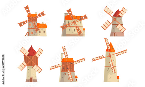 Traditional European Masonry Tower Windmills with Rotating Vanes Vector Set