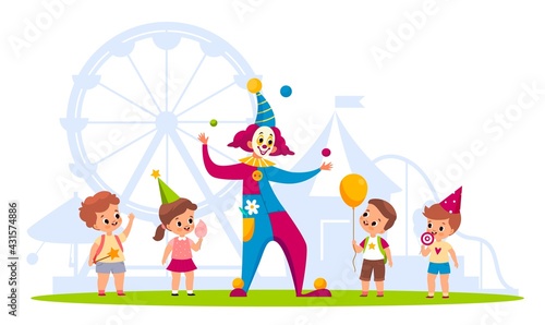 Clown with kids. Cheerful children and funny juggler in carnival costume, cute boys and girls in park or circus, birthday celebration juggling balls performance. Vector cartoon concept