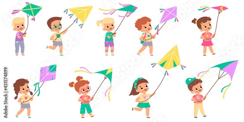 Kids with kites. Happy children fly color kite into sky collection, different colors design shapes, cute boys and girls with wind controlled toys, people hobbies vector cartoon isolated set