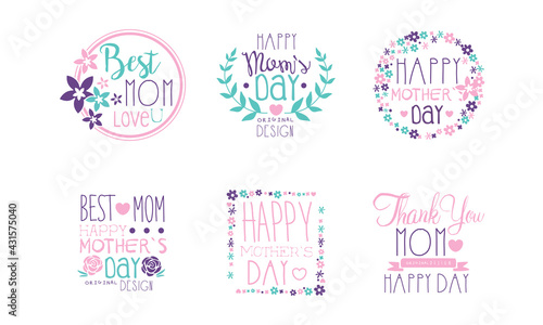 Happy Mother Day Original Design with Pink Florets Vector Set