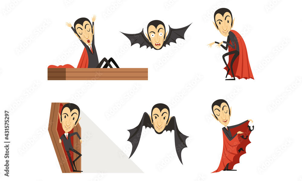 Count Dracula Wearing Red Cape as Vampire Character from Fiction Book Vector Set Count Dracula Wearing Red Cape as Vampire Character from Fiction Book Vector Set