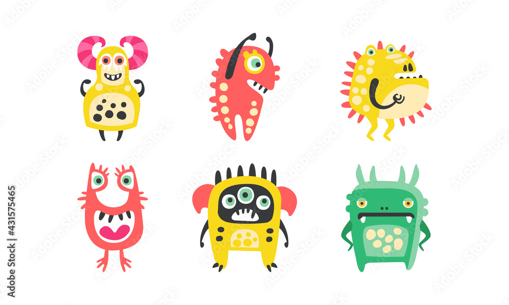 Cute Cartoon Monsters with Smiling Faces and Funky Shapes Vector Set Cute Cartoon Monsters with Smiling Faces and Funky Shapes Vector Set