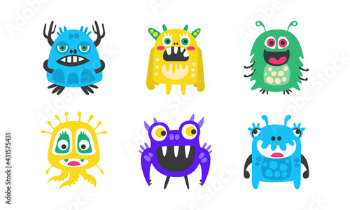 Cute Cartoon Monsters with Smiling Faces and Funky Shapes Vector Set
