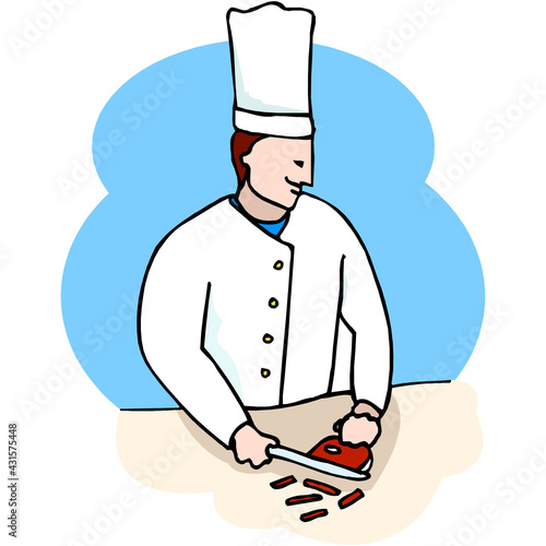 The cook cuts the salad on the board. Cook in a cap. Vegetarian food.