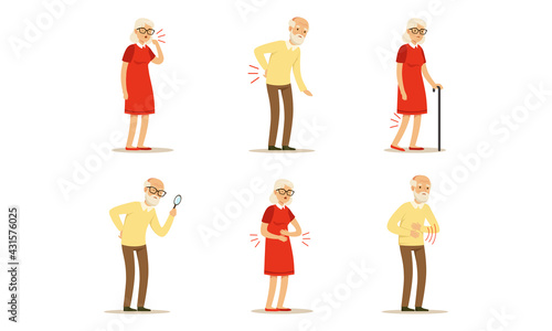 Senior People Characters Having Health Problem and Disease Vector Illustration Set