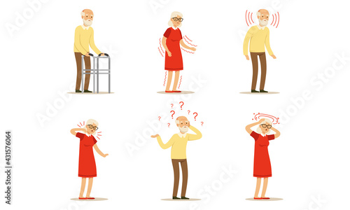 Senior People Characters Having Health Problem and Disease Vector Illustration Set