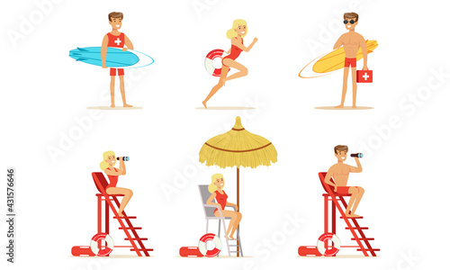 Man and Woman Lifeguard Supervising Safety of Swimmers Vector Set