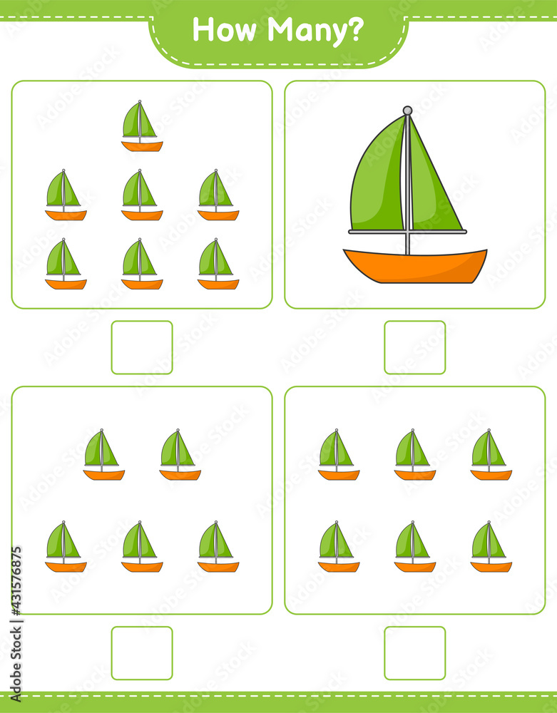 Counting game, how many Sailboat. Educational children game, printable worksheet, vector illustration Counting game, how many Sailboat. Educational children game, printable worksheet, vector illustration