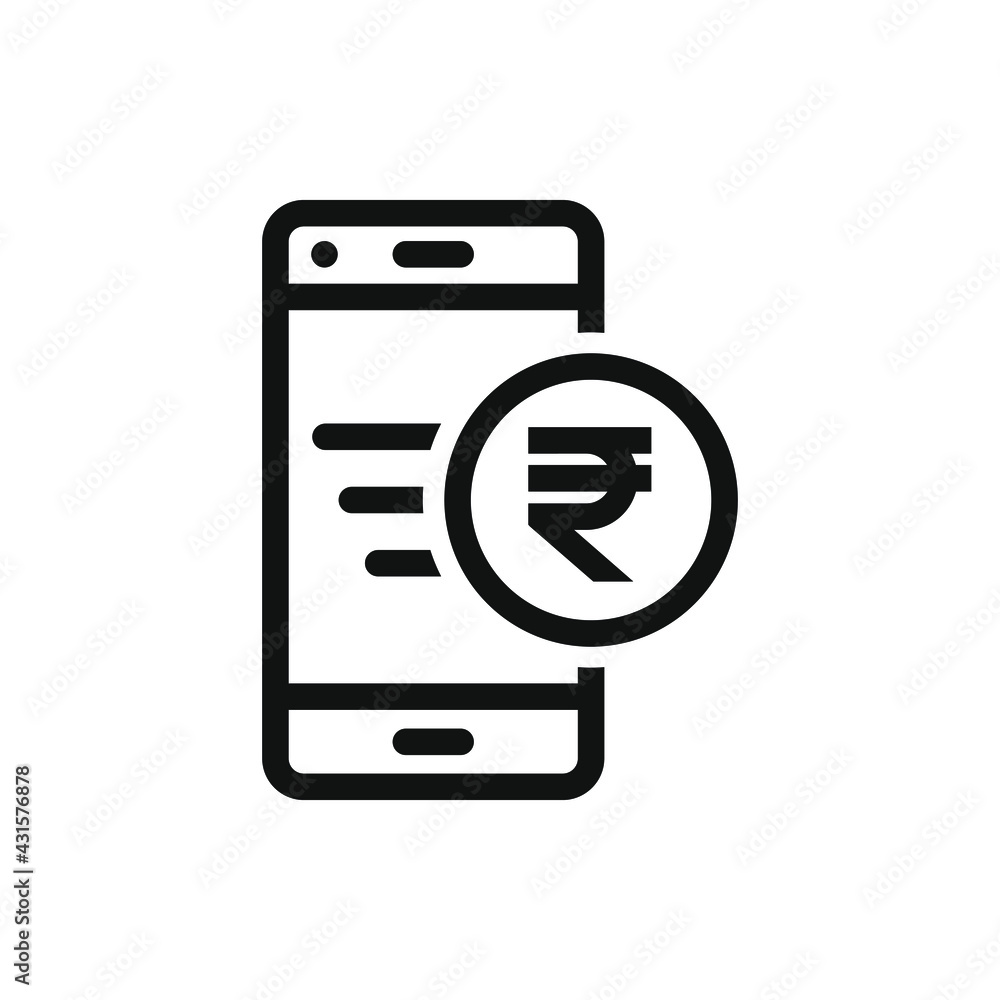 Rupee currency sign with a mobile phone. Fast money transfer icon concept isolated on white background. Vector Rupee currency sign with a mobile phone. Fast money transfer icon concept isolated on white background. Vector