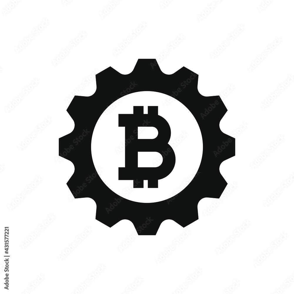 Bitcoin currency sign and gear. Financial development. Money management icon concept isolated on white background. Vector illustration Bitcoin currency sign and gear. Financial development. Money management icon concept isolated on white background. Vector illustration