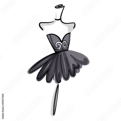 Black dress on a mannequin. Linear graphics. Illustration on white background