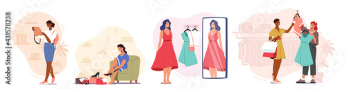Young Stylish Women Choosing New Fashioned Dress, Bag and Shoes in Store. Girls Buying Garment and Accessories in Mall