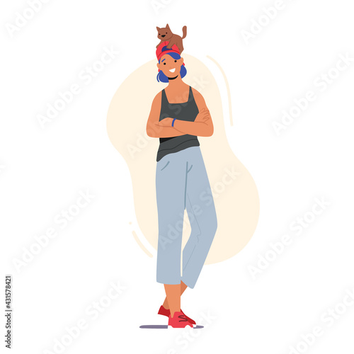 Happy Woman with Cat Sitting on her Head. Female Character Caring of Pet Kitten. Communication, Love, Care of Animals