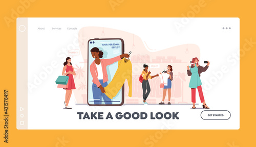 Female Characters Use Personal Fashion Stylist Online Service Landing Page Template. Consultant on Smartphone Screen