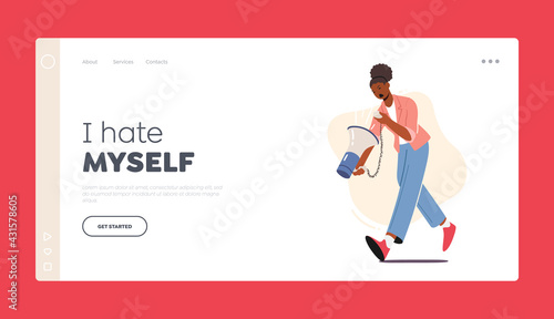 Self Anger Landing Page Template. Female Character Yelling on herself through Loudspeaker. Woman need Psychological Help