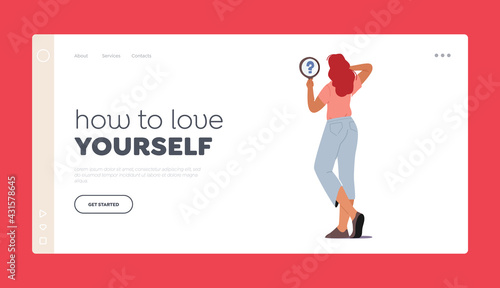How to Love Yourself Landing Page Template. Self Anger, Loathing, Low Esteem Concept. Female Character Look in Mirror