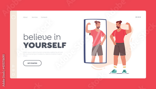 Believe in Yourself Landing Page Template. Male Character with Low Self Esteem, Loathing and Anger. Athlete Reflection